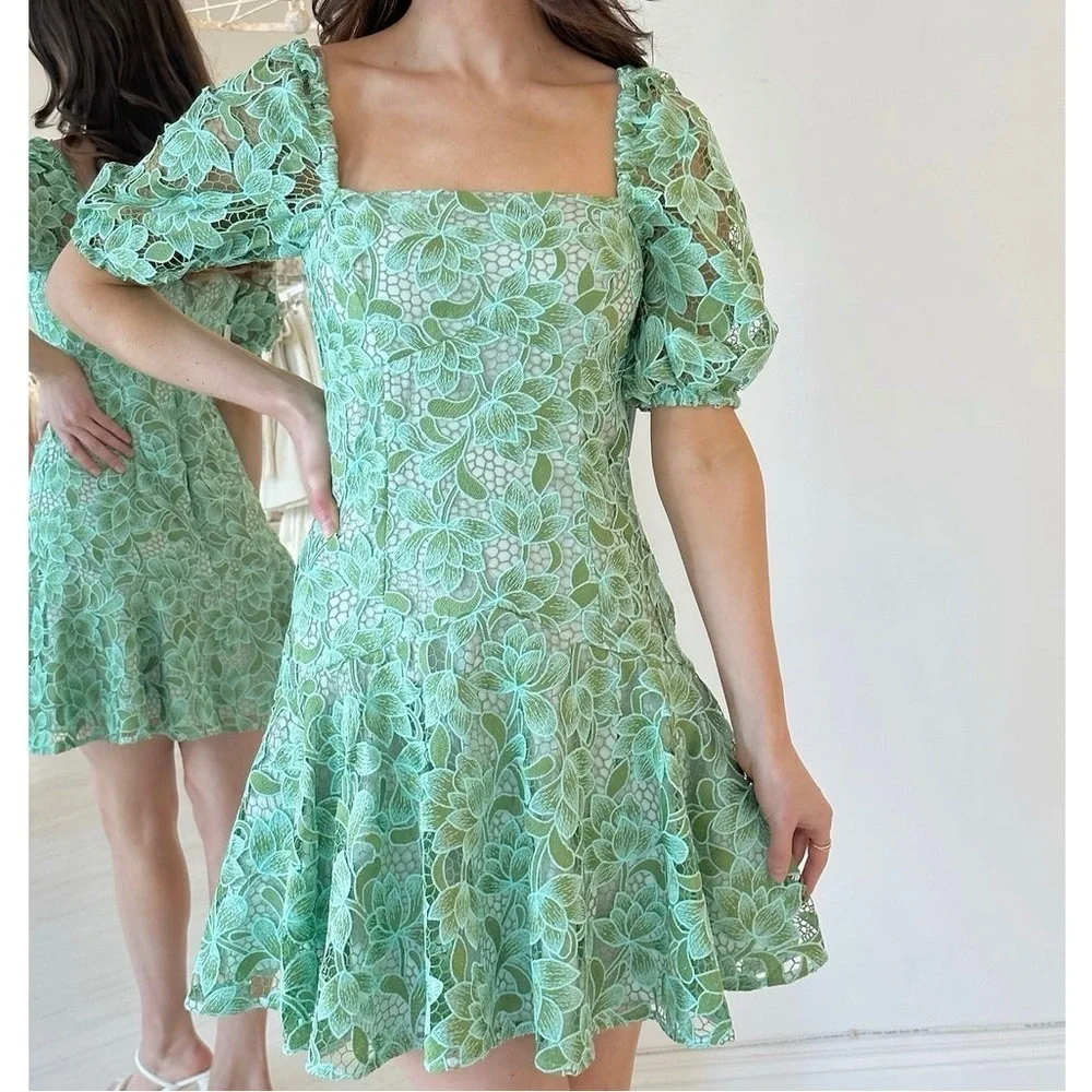 Shoshanna Layne Lace Puff-Sleeve Mini dress Green Light Blue Sz 12